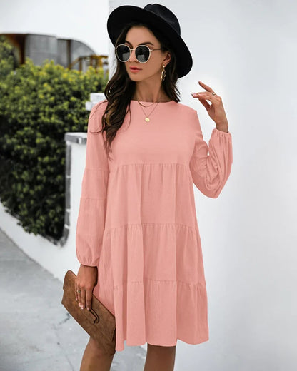 Long Puff Sleeve Shirt Dress Casual Crewneck Loose Fit Sundress Trendy Tiered Layer Summer Mini Dresses