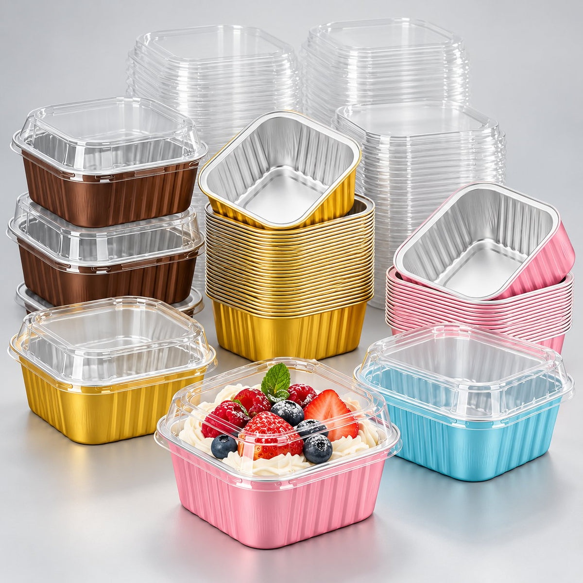 🧁 30-Pack Mini Aluminum Foil Cake Pans Bakeware Set with Plastic Lids 5oz