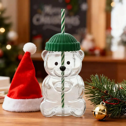 2026 New Cute Beaar Glass Tumbler with Bear Lid & Strawberry Straw