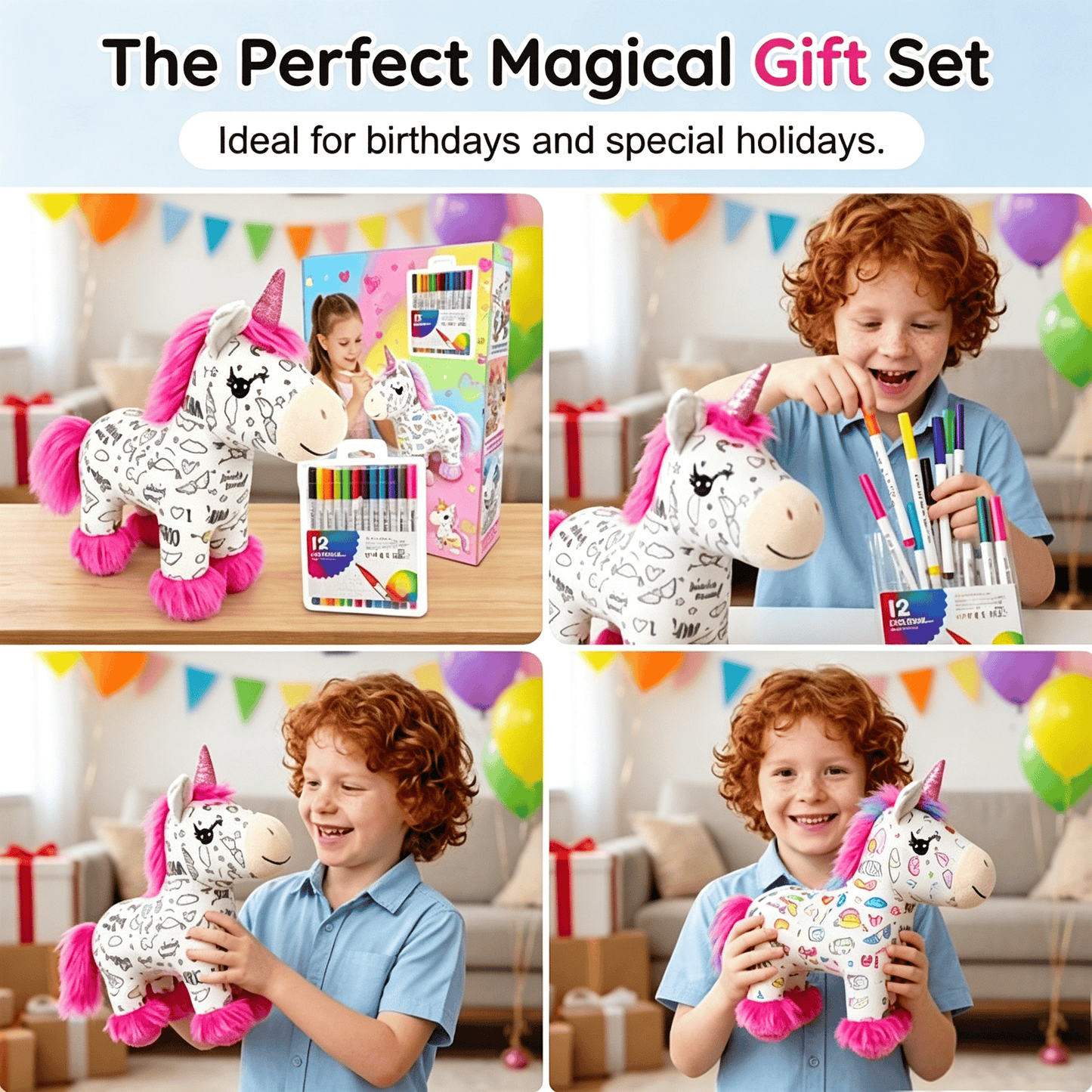🦄 DIY Coloring Unicorn Plush Kit – Reusable Stuffed Animal Craft Set with 12 Washable Markers