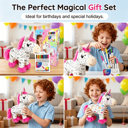 🦄 DIY Coloring Unicorn Plush Kit – Reusable Stuffed Animal Craft Set with 12 Washable Markers