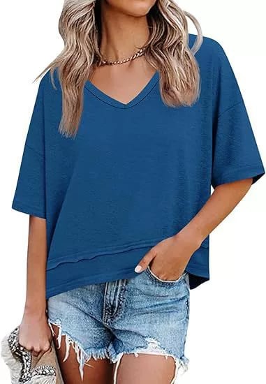 Women Summer V Neck T Shirts Casual Short Sleeve Flowy Tops Cute Loose Fit Basic Tees Summervibes