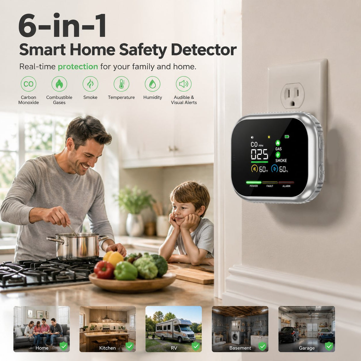 6-in-1 Portable Detector with Natural Gas & Temperature Humidity Sensors