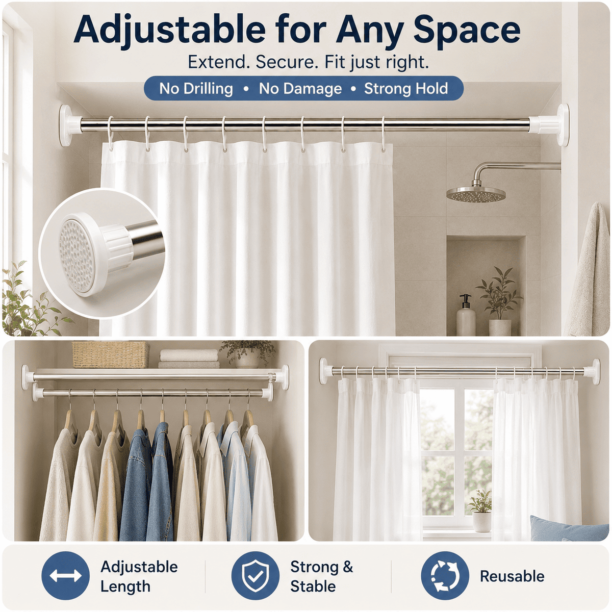 🏠 Drill-Free Adjustable Tension Rod – Instant Storage, Zero Wall Damage