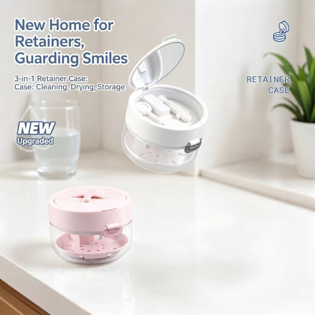 🦷3-in-1 Leak-Proof Retainer Cleaning Case with Mirror, Drain Tray & Travel Storage