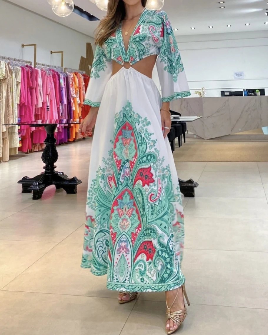 🔥Big sale - Bohemian deep V-neck sexy backless print long dress