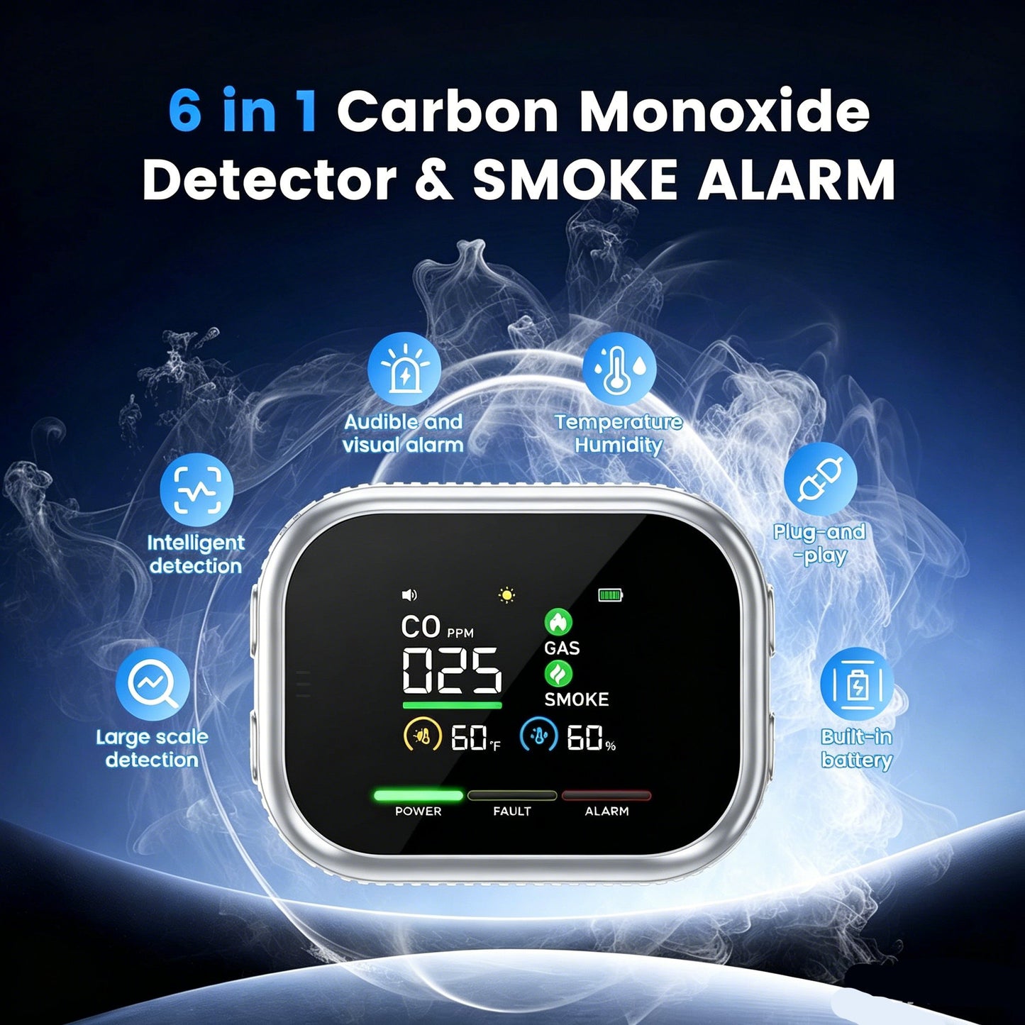 🌟2026 New Portable 6-in-1 Environment & Air Quality Detector | HD Display, CO Monitoring, Temperature, Humidity & High Decibel Alarm