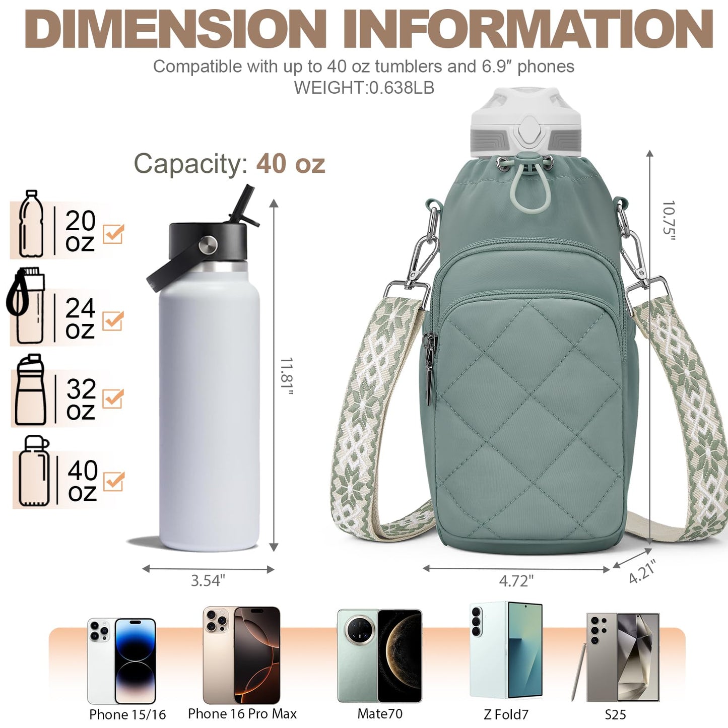 Water Bottle Carrier Bag with Phone Pocket for Stanley Cup 40/30oz