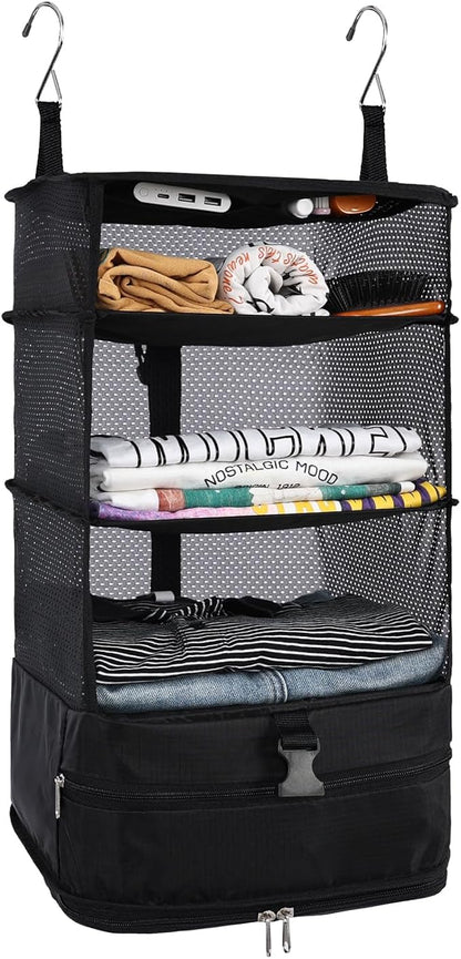 🧳Travel Hanging Closet Storage Bag Collapsible 3-Shelf Washable Oxford Fabric with 2 Hooks