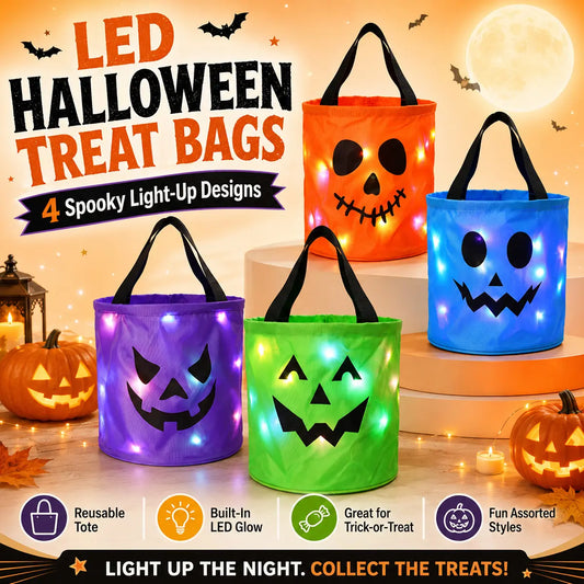 3/4 Pcs Halloween LED Candy Bucket – Reusable Non-Woven Trick or Treat Tote Bags