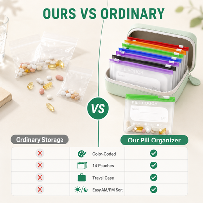 🧳 Smart Pill Organizer Pouch | 14 Color-Coded Bags