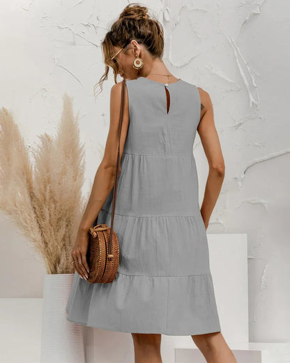 Solid Sleeveless Ruffle Sundress Round Neck A Line Pleated Mini Short T Shirt Dress