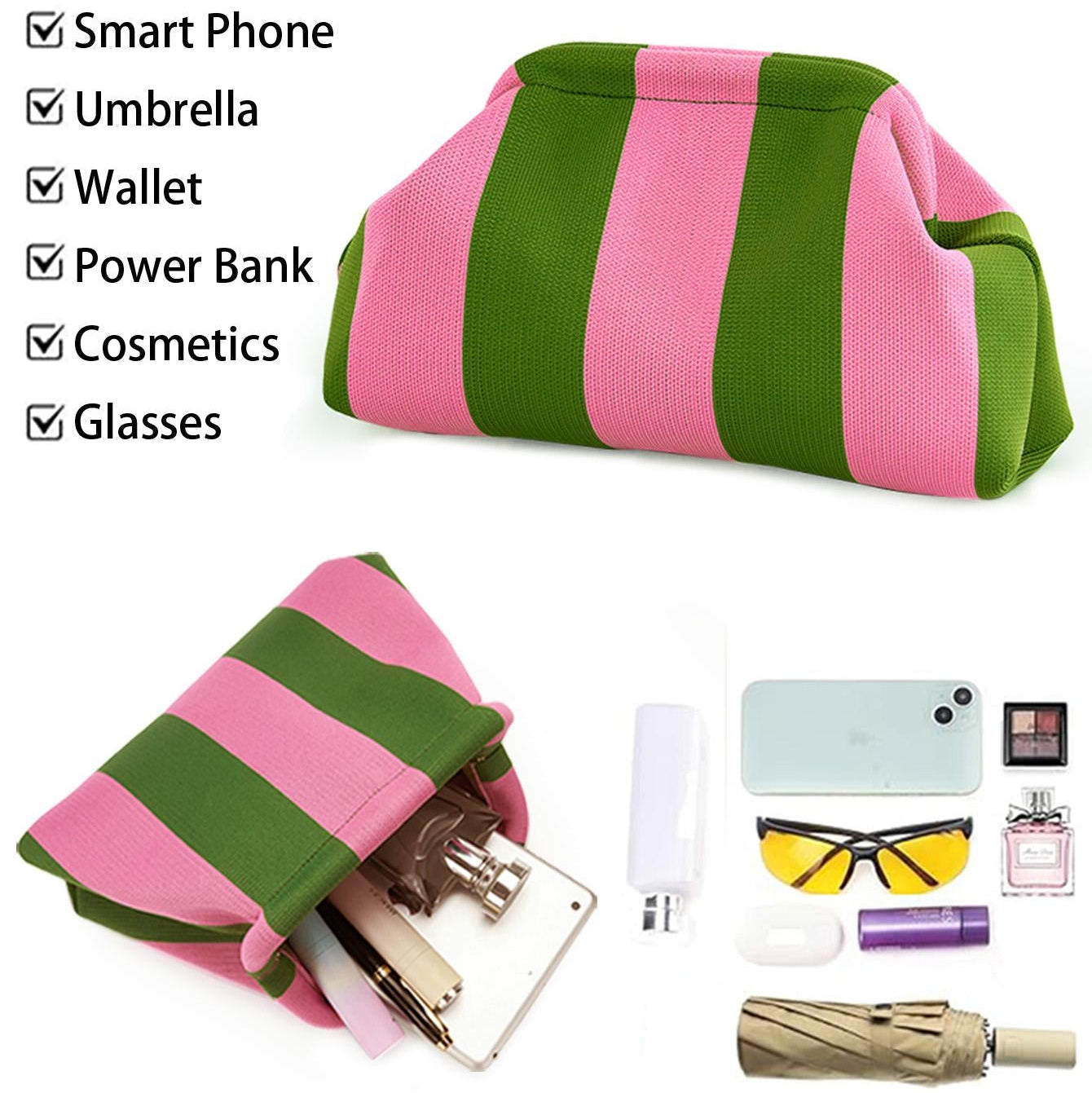 👜 Women’s Striped Crochet Clutch Bag – Lightweight Ruched Woven Makeup Pouch for Travel, Parties & Everyday Style ✨