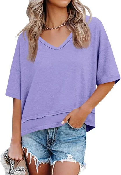 Women Summer V Neck T Shirts Casual Short Sleeve Flowy Tops Cute Loose Fit Basic Tees Summervibes