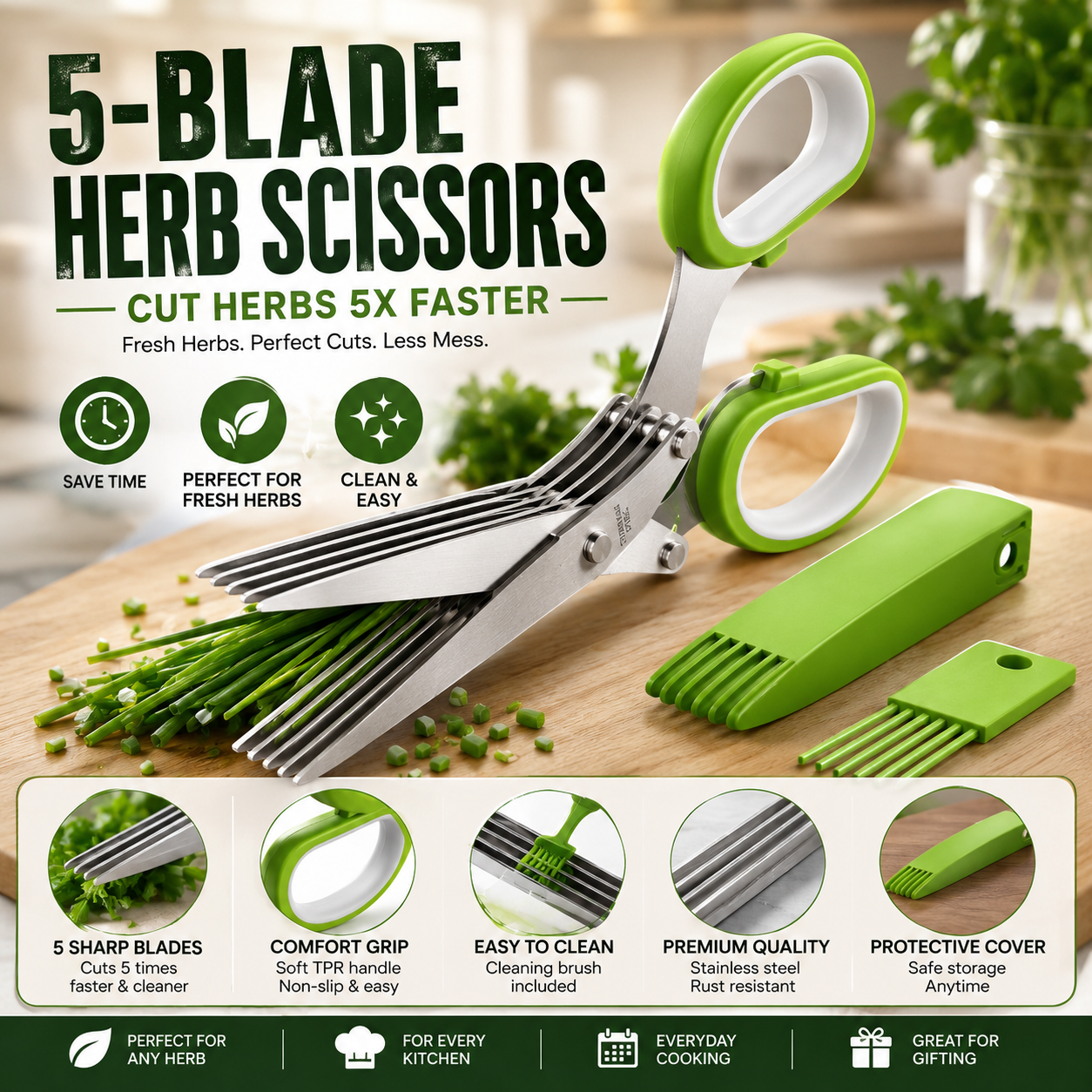 5-Blade Stainless Steel Herb Scissors with cleaning brush and protective cover