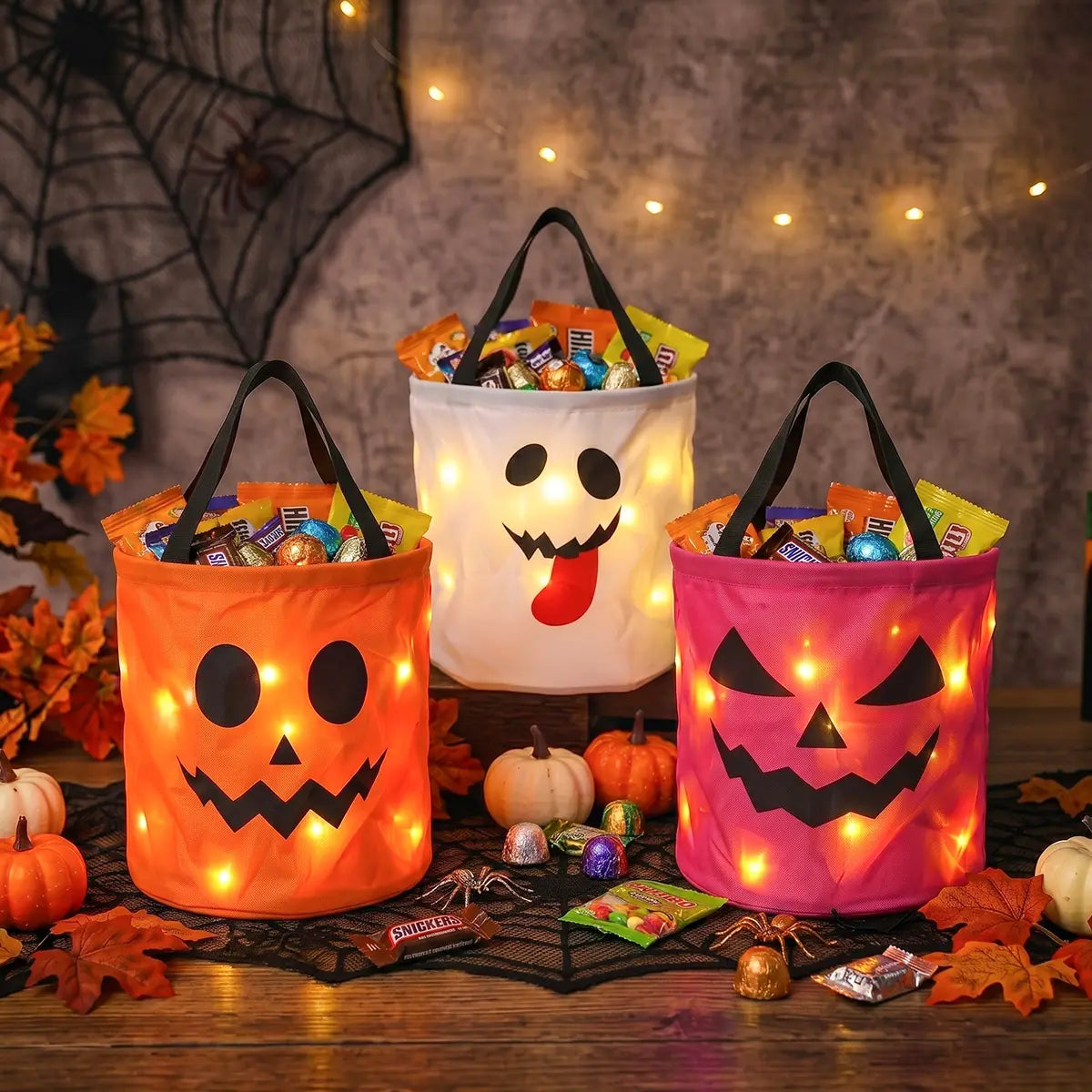 3/4 Pcs Halloween LED Candy Bucket – Reusable Non-Woven Trick or Treat Tote Bags