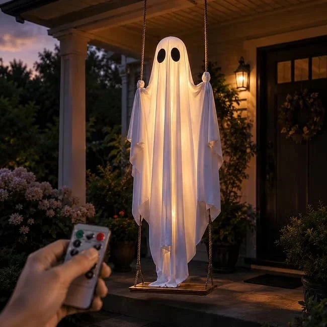 👻✨LED Hanging Ghost Swing Decoration, 5FT Remote Controlled Halloween Outdoor Hanging Decor🎃