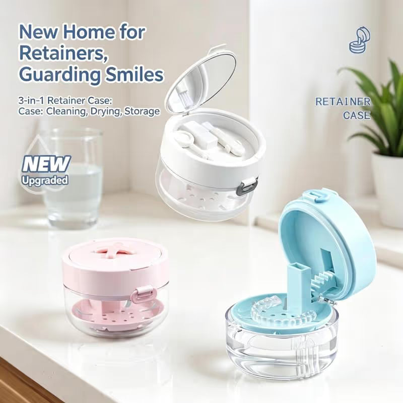 🦷3-in-1 Leak-Proof Retainer Cleaning Case with Mirror, Drain Tray & Travel Storage
