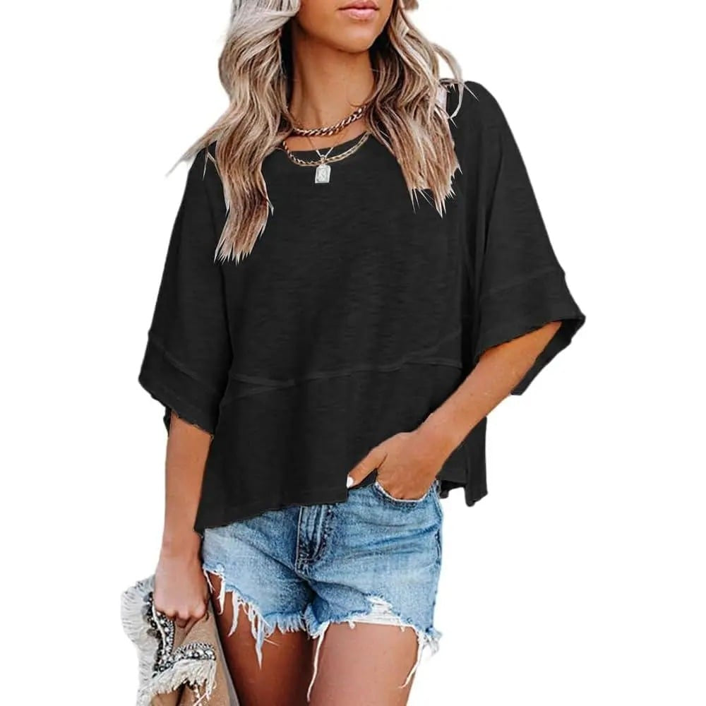 🛍️Women's Summer Casual Crewneck Batwing Top - Loose Fit, Cute & Breezy 🌸☀️
