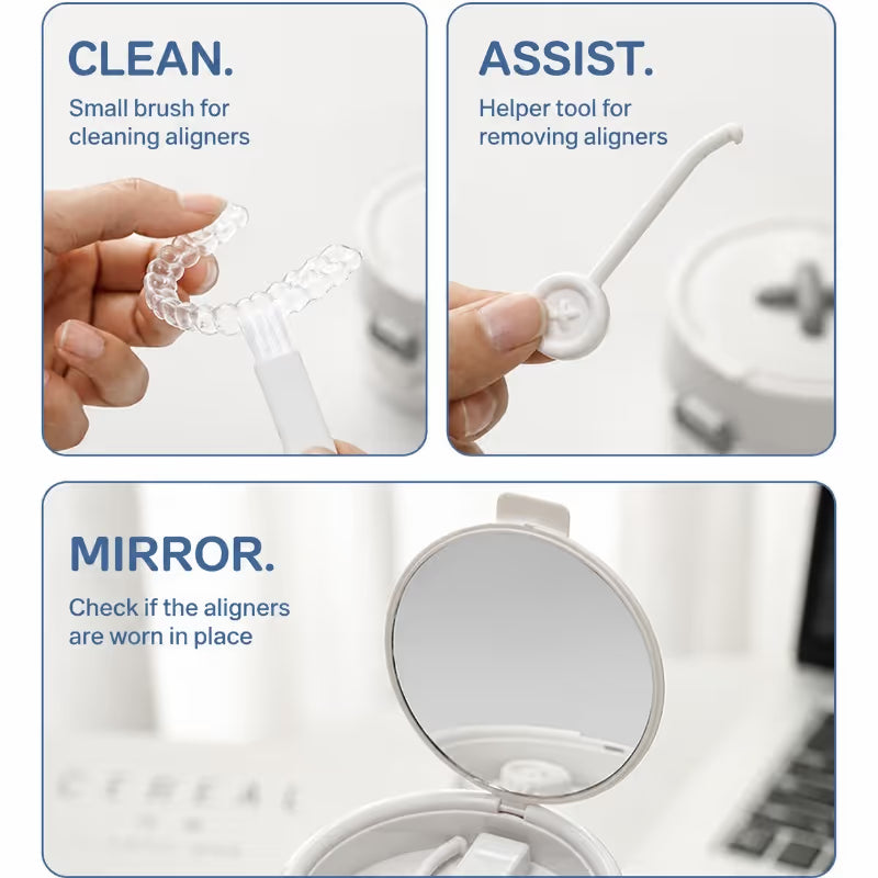 🦷3-in-1 Leak-Proof Retainer Cleaning Case with Mirror, Drain Tray & Travel Storage