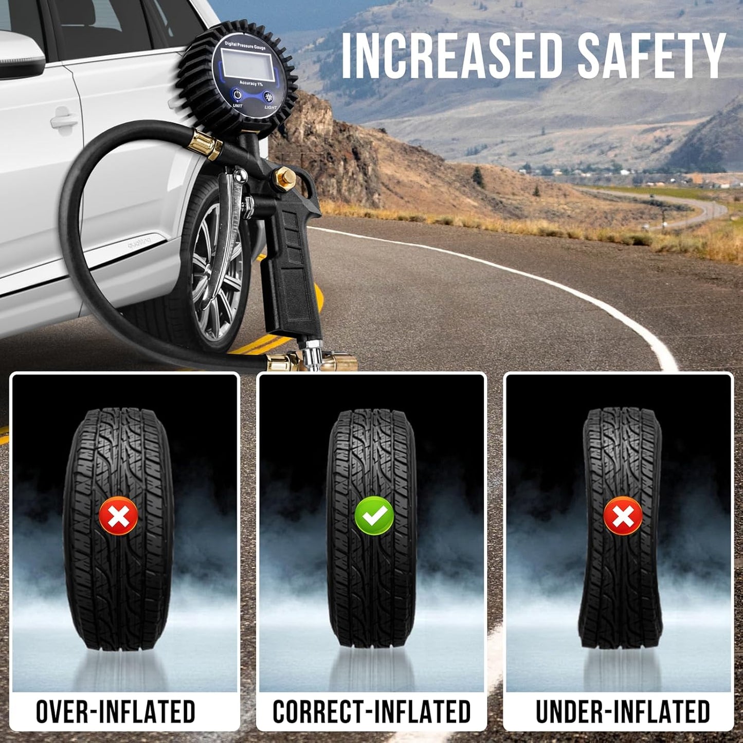 🛠️🚗 High Precision Digital Tire Inflator Pressure Gauge | 3-in-1 Inflate Deflate Check Tire Tool