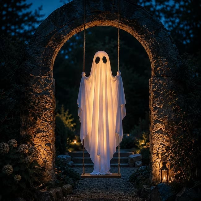 👻✨LED Hanging Ghost Swing Decoration, 5FT Remote Controlled Halloween Outdoor Hanging Decor🎃