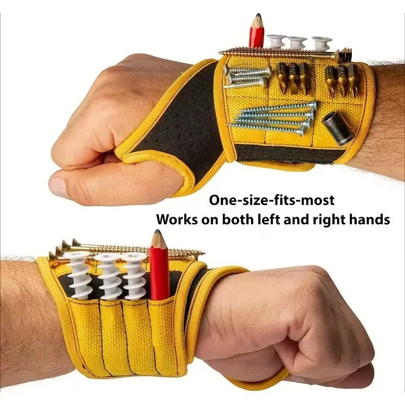 Adjustable yellow magnetic wristband shown on left and right hands