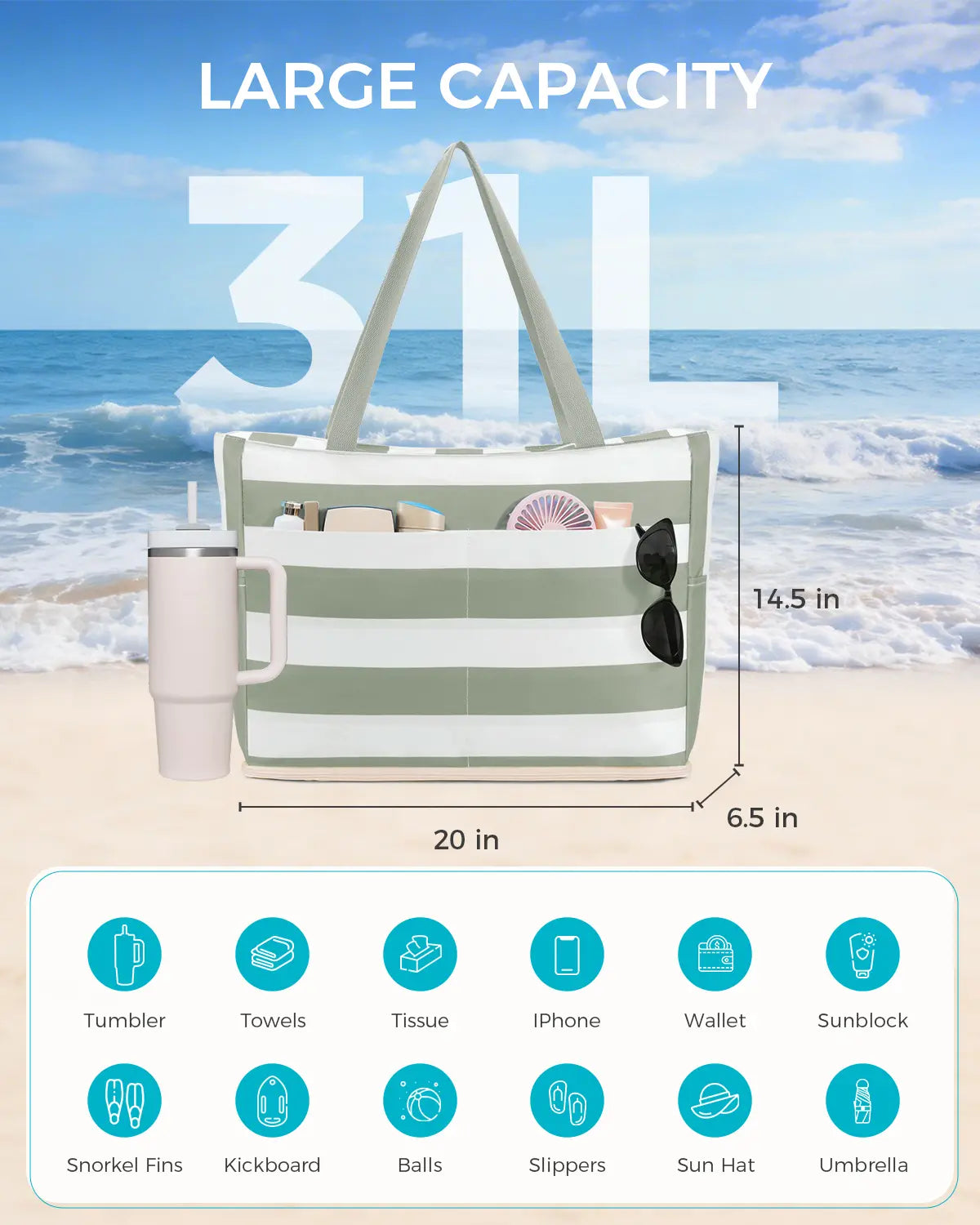 Large Waterproof Sandproof Beach Tote Bag with Zipper