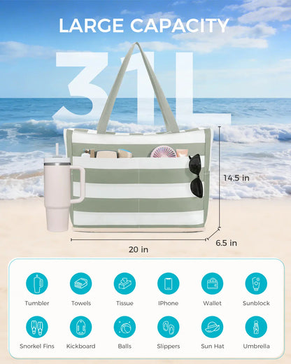 Large Waterproof Sandproof Beach Tote Bag with Zipper
