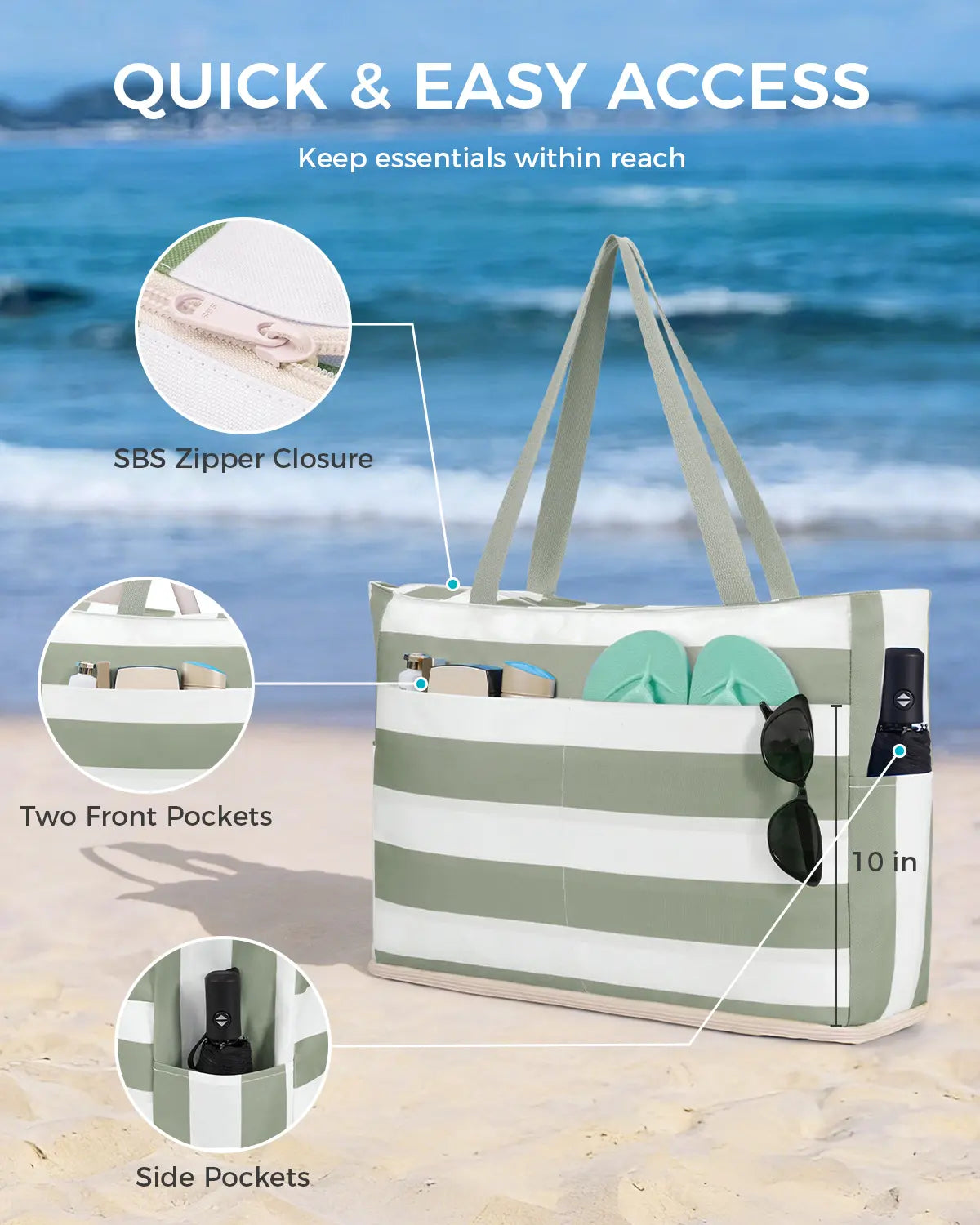 Large Waterproof Sandproof Beach Tote Bag with Zipper