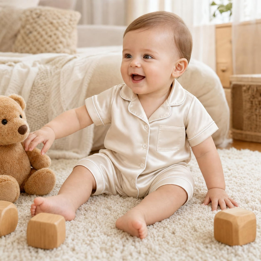 Baby wearing beige satin short sleeve jumpsuit pajamas