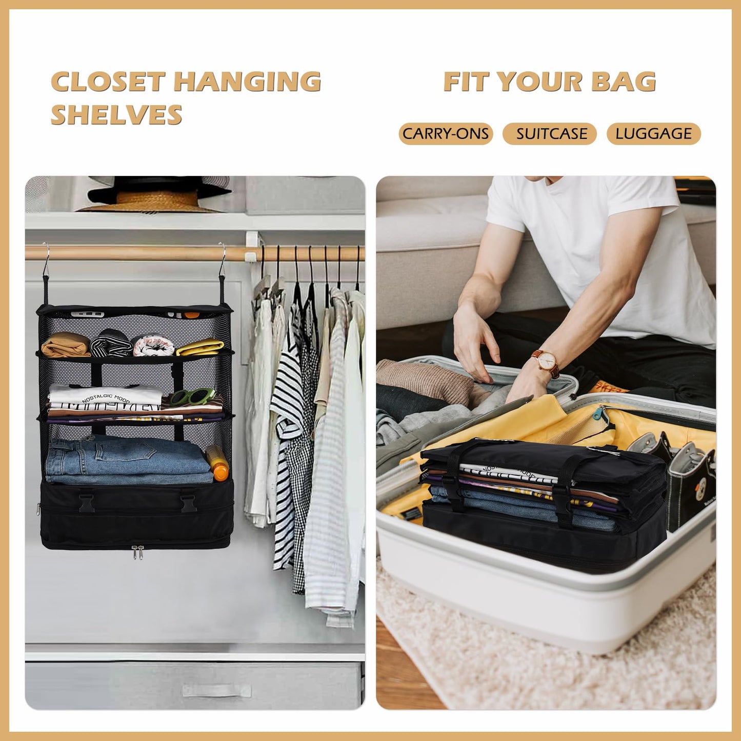 🧳Travel Hanging Closet Storage Bag Collapsible 3-Shelf Washable Oxford Fabric with 2 Hooks