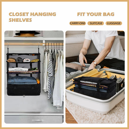 🧳Travel Hanging Closet Storage Bag Collapsible 3-Shelf Washable Oxford Fabric with 2 Hooks