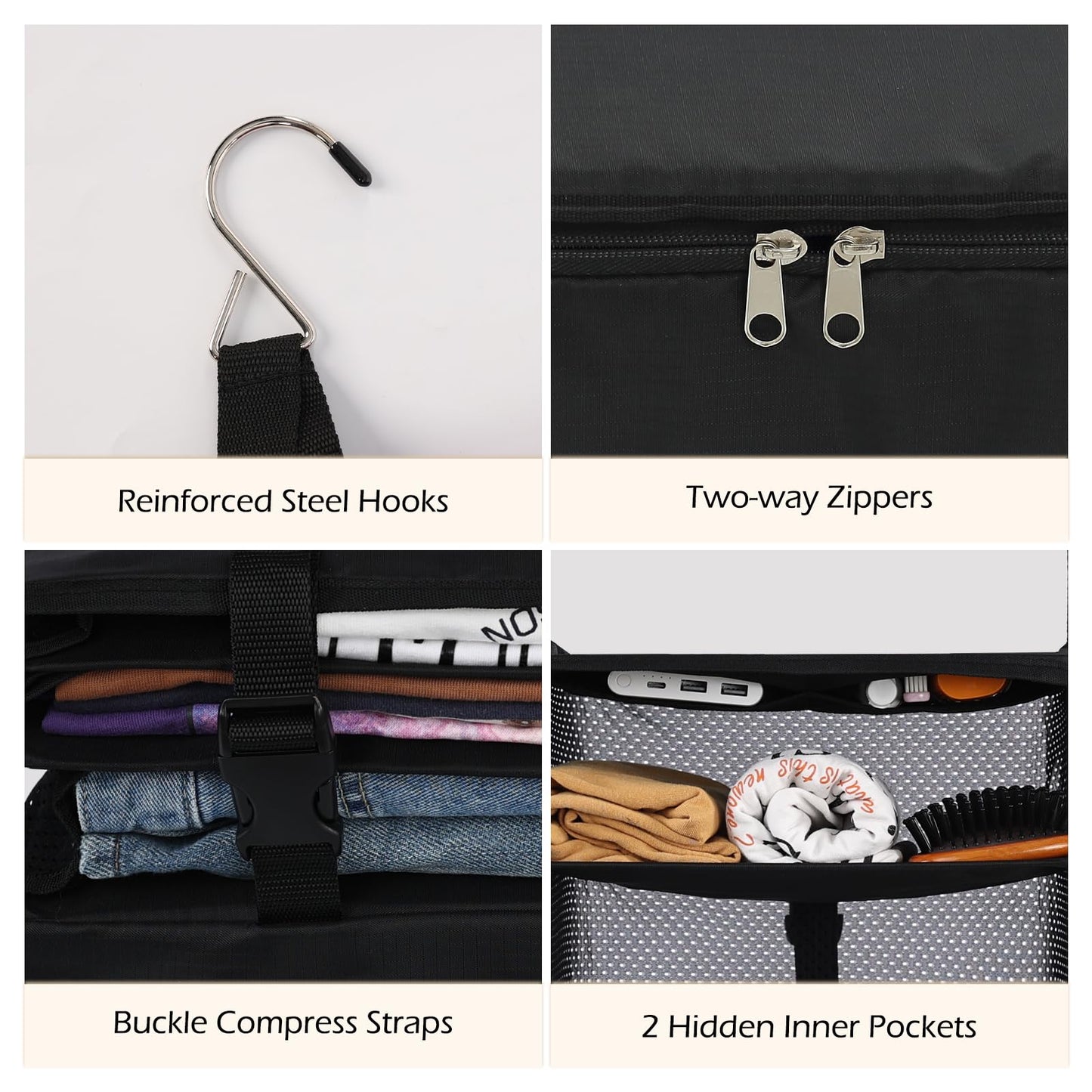🧳Travel Hanging Closet Storage Bag Collapsible 3-Shelf Washable Oxford Fabric with 2 Hooks