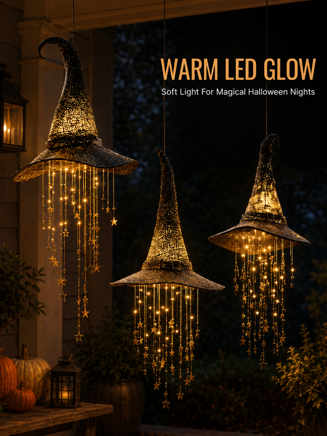 Lighted Witch Hat Set with Cascading Stars