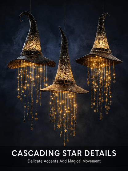 Lighted Witch Hat Set with Cascading Stars