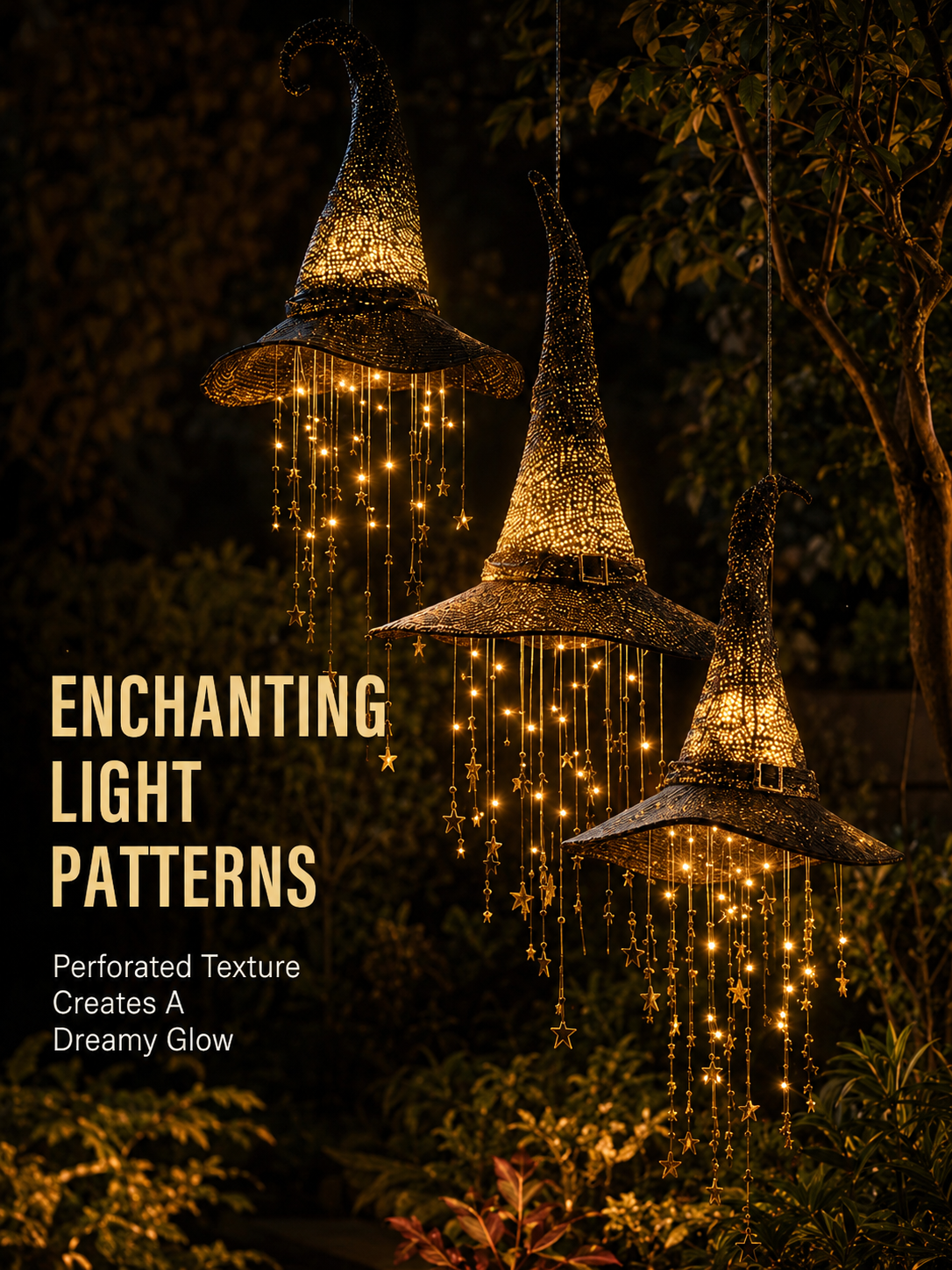 Lighted Witch Hat Set with Cascading Stars