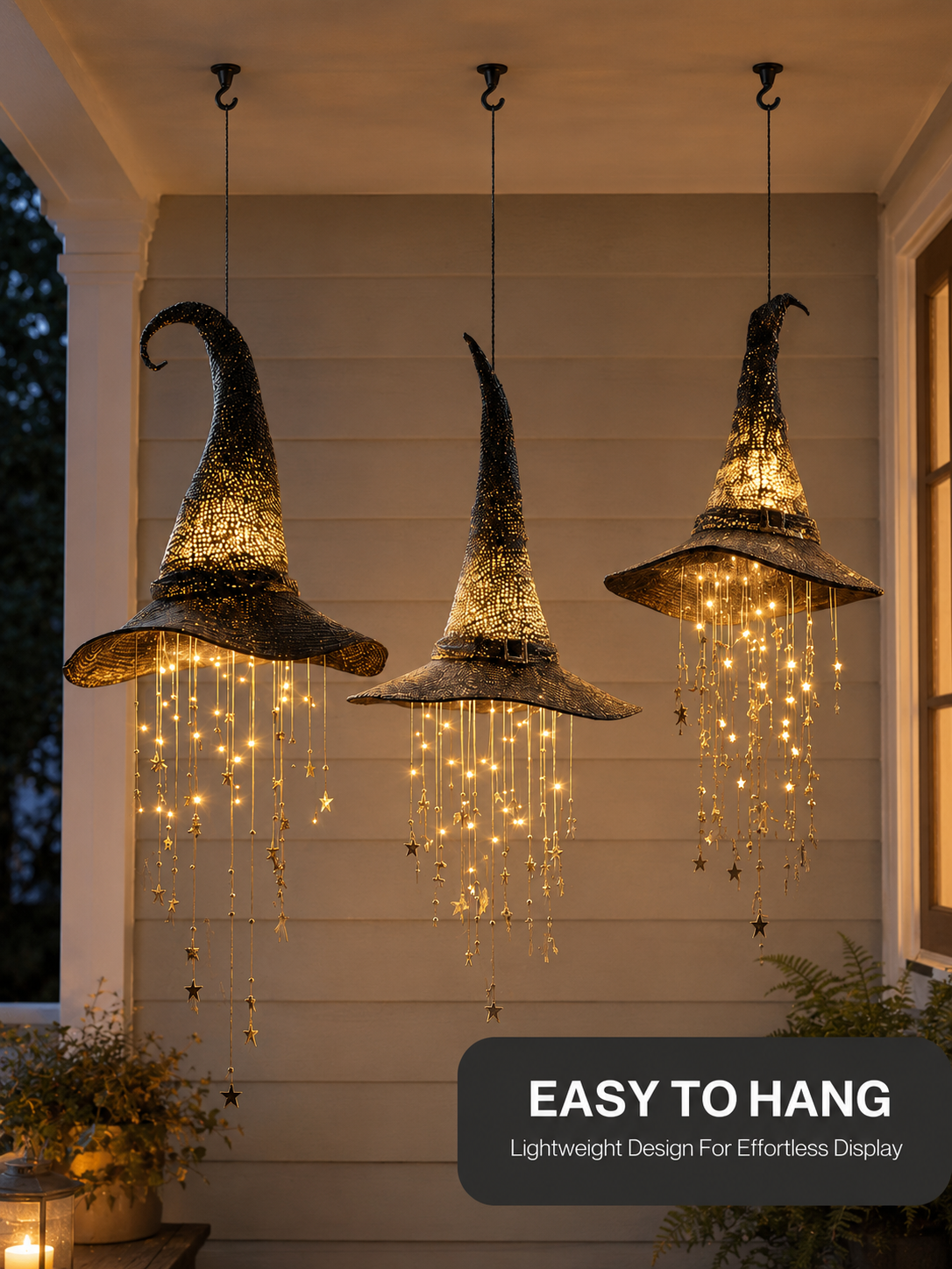 Lighted Witch Hat Set with Cascading Stars