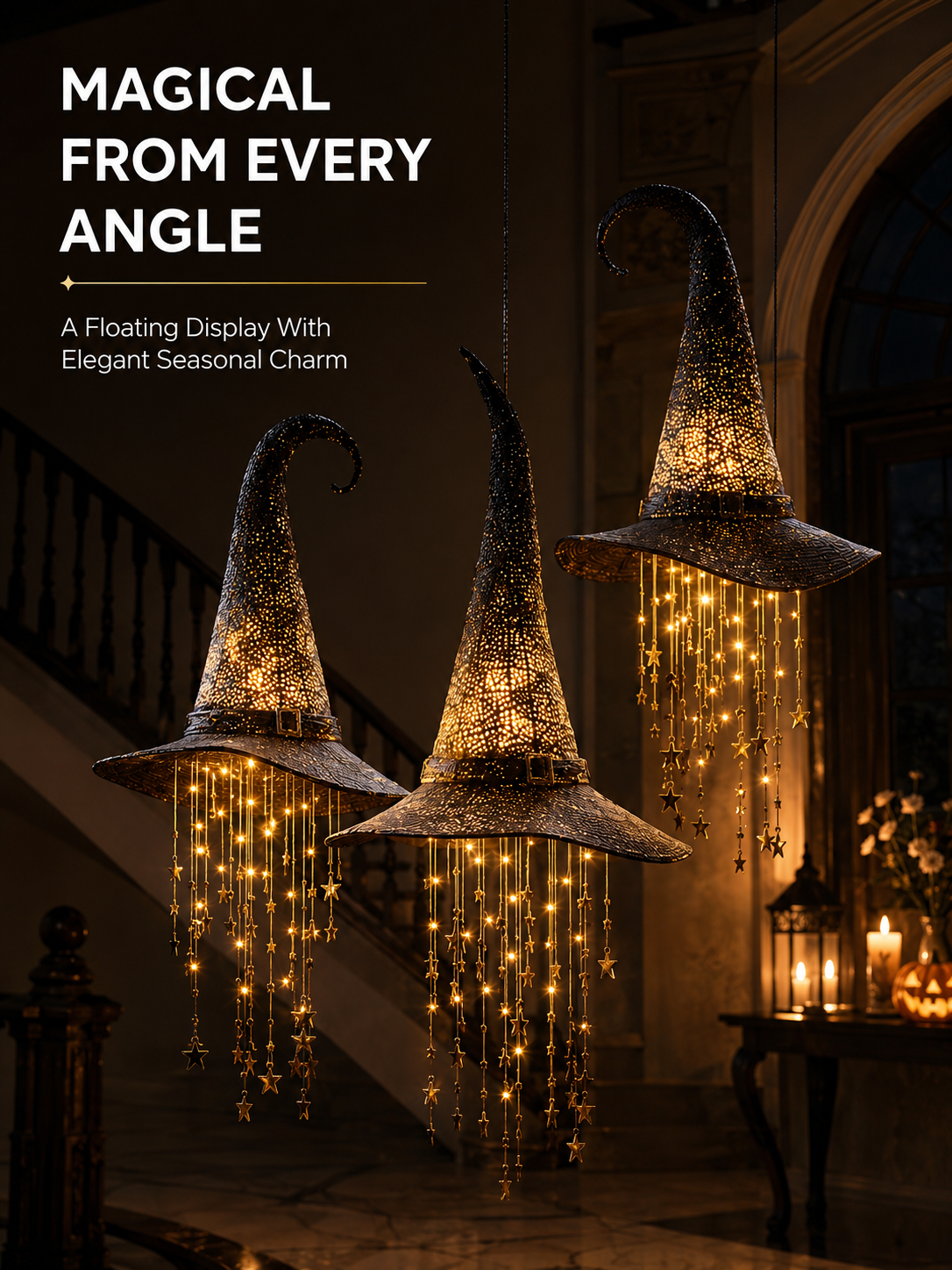 Lighted Witch Hat Set with Cascading Stars
