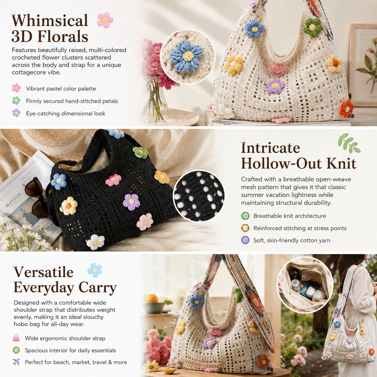 👛Handmade Crochet Floral Aesthetic Tote Bag