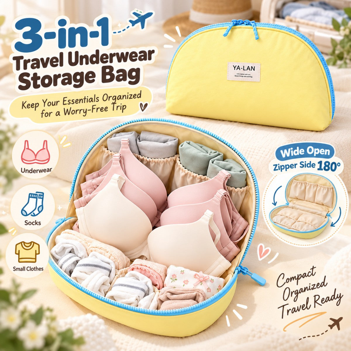 Yellow 3-in-1 travel underwear organizer for bras panties and socks
