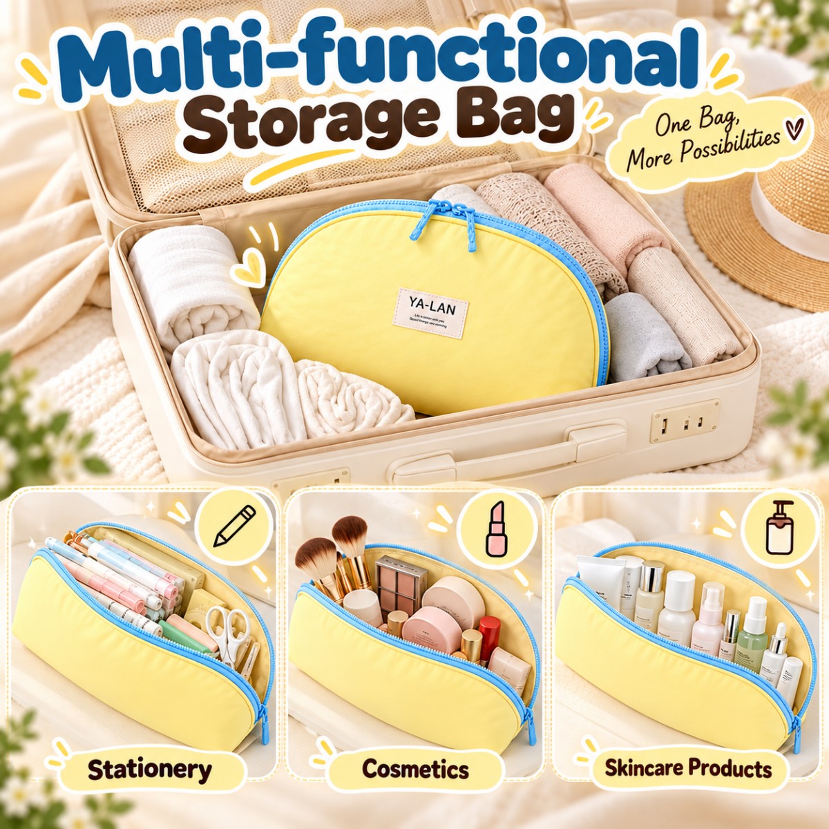 Multipurpose travel organizer for cosmetics skincare and stationery
