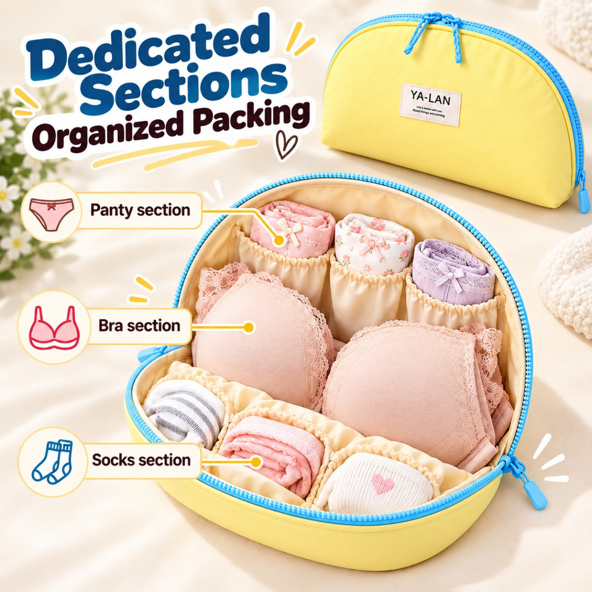 Bra panty and sock storage compartments inside travel organizer