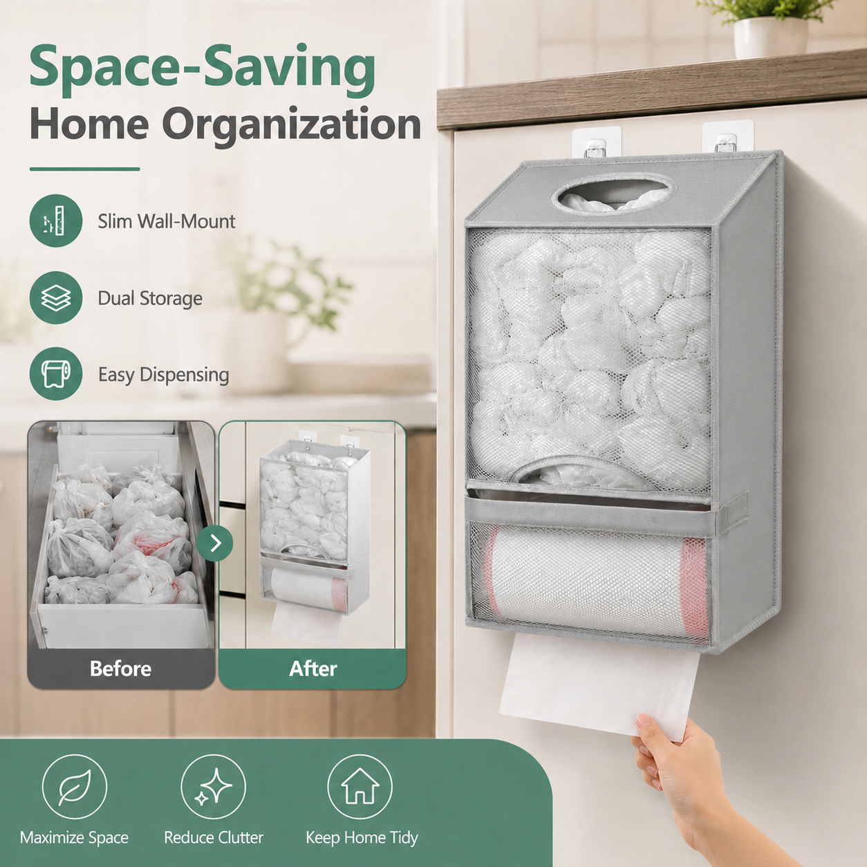🛍️ 2-in-1 Plastic Bag Holder - Extra Large Bag Saver Dispenser