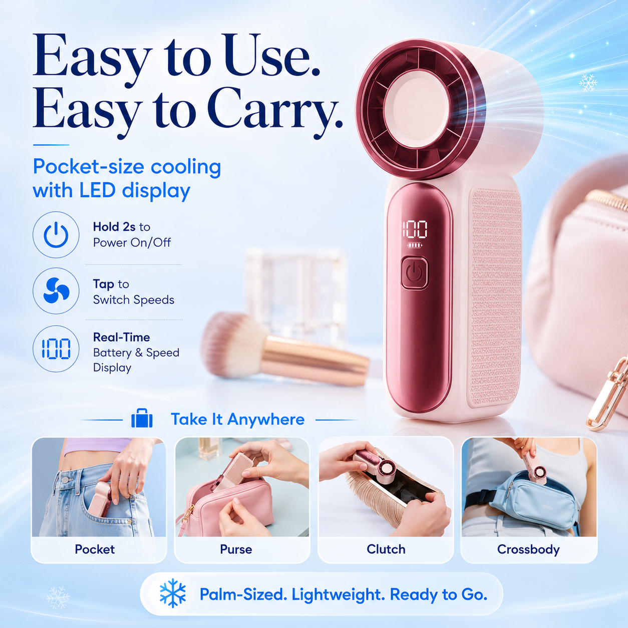 Mini Handheld Fan with LED Display | 3000mAh & 6-Speed USB Rechargeable Pocket Fan