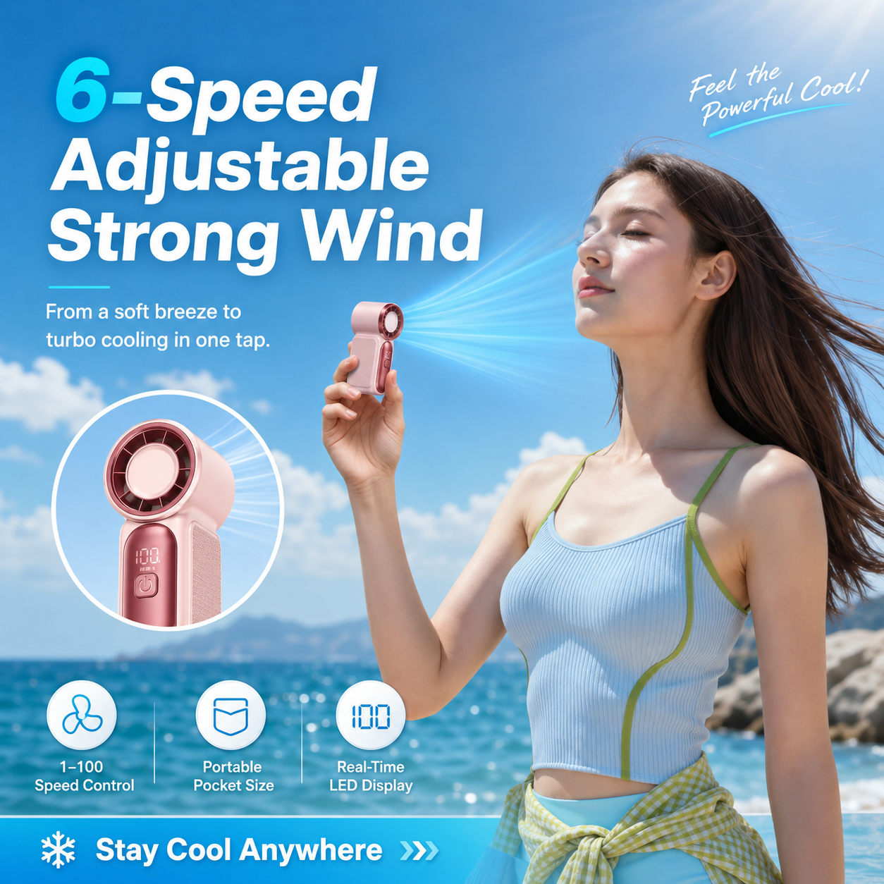 Mini Handheld Fan with LED Display | 3000mAh & 6-Speed USB Rechargeable Pocket Fan