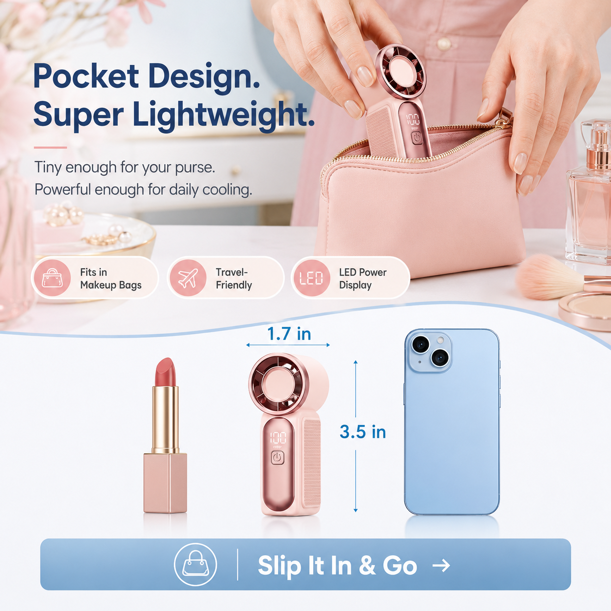 Mini Handheld Fan with LED Display | 3000mAh & 6-Speed USB Rechargeable Pocket Fan