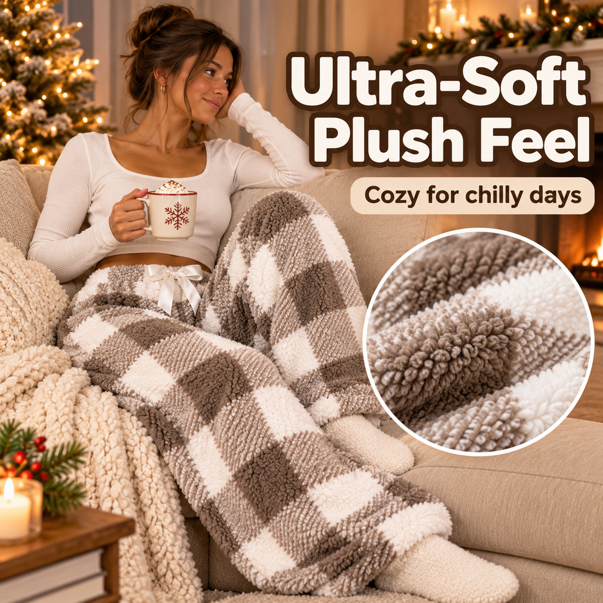🎀 Cozy Fleece Plaid Lounge Pants | ☕ Soft Wide-Leg Winter Pajamas with Cute Bow Detail ❄️