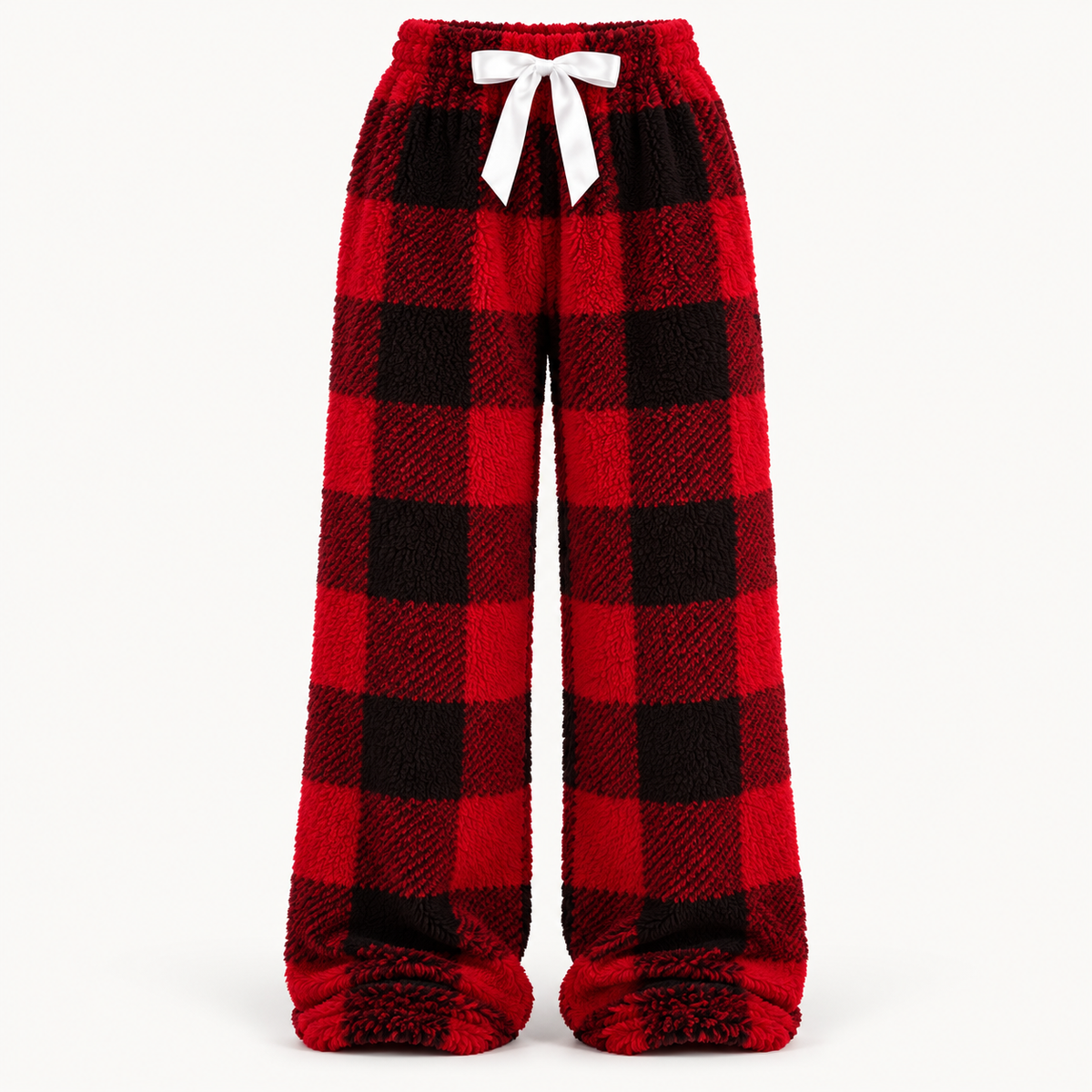 🎀 Cozy Fleece Plaid Lounge Pants | ☕ Soft Wide-Leg Winter Pajamas with Cute Bow Detail ❄️