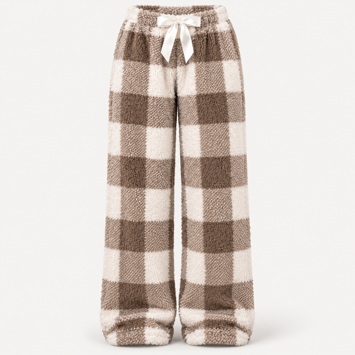 🎀 Cozy Fleece Plaid Lounge Pants | ☕ Soft Wide-Leg Winter Pajamas with Cute Bow Detail ❄️